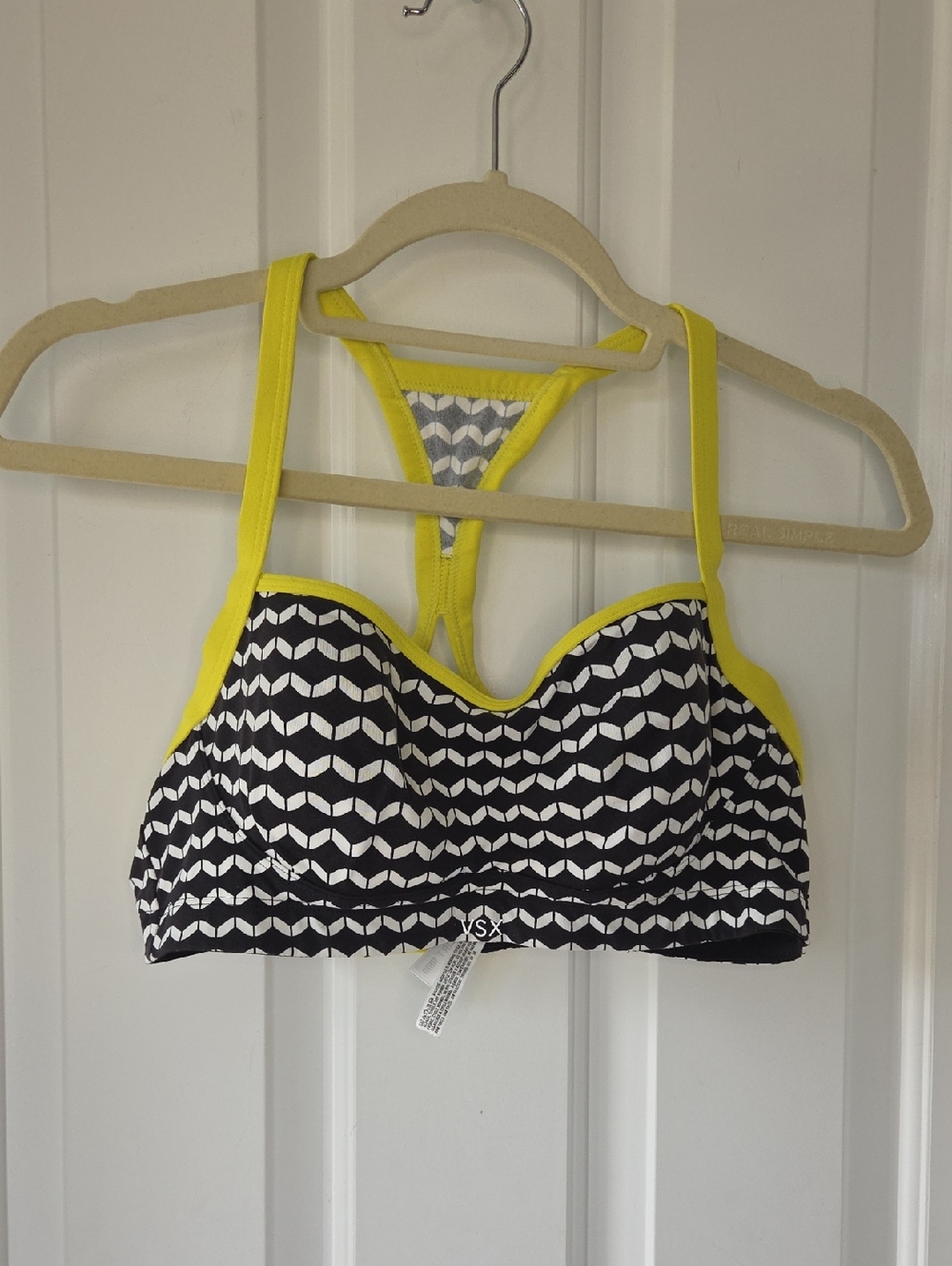 Victoria's Secret Black & White Patterned Sports Bra with Yellow Trim